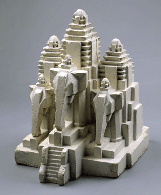 Sculptor Donald Macky's model for the Elephant Tower for the "Portals of the Pacific†entry to the 1940 Golden Gate International Exposition in San Francisco reflected the modernistic theme of the fair. The color of the expo's stucco structures, already painted in 19 hues, was enhanced by low-intensity fluorescent lights. Courtesy of The Wolfsonian-Florida International University, Miami, the Mitchell Wolfson Jr Collection.