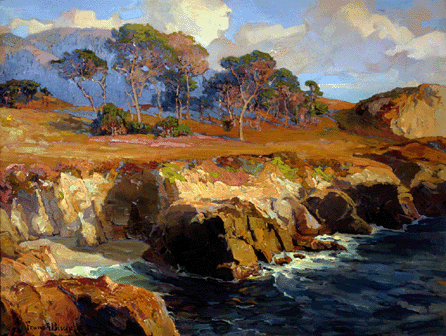 Franz A. Bischoff, "Gold Rimmed Rocks and Sea,†circa 1925, 30 by 40 inches. Collection of Paul and Kathleen Bagley.