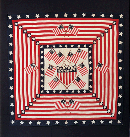 Tradition has it that this Flag quilt was made during the Spanish-American War in Kearny, N.J., which sent a regiment of volunteers to fight. More recently, it was the emblem of the first Great American Quilt Festival in New York City in 1986. The quilt was made by Mary C. Baxter of Kearny between 1898 and 1910. Cotton with cotton embroidery, 77¼ by 78¾ inches, framed. Gift of the Amicus Foundation, Inc, Anne Baxter Klee and the trustees of the American Folk Art Museum.