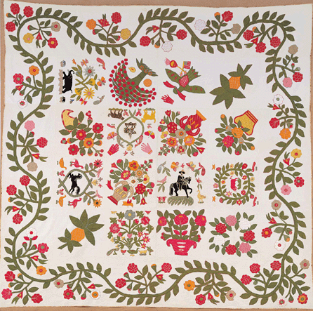 This bedcovering, which resembles the familiar Baltimore album quilts, is from a group of nearly identical quilts made in the mid-Nineteenth Century by women who were members of a Hebrew congregation in Baltimore, Md. Elements such as the hand motif, which may be a Hand of God, relate to Central European Jewish traditions. The Reiter Family album quilt descended in the family of Katie Friedman Reiter and Liebe Gross Friedman and dates to 1848 to 1850. Cotton and wool, 101 by 101 inches. Gift of Katherine Amelia Wine. ⁊ohn Parnell photo