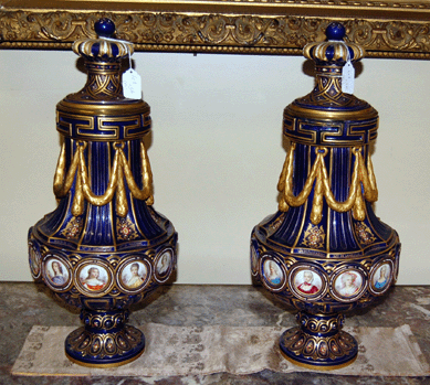 The pair of Nineteenth Century Sevres cobalt blue porcelain urns came from a Providence, R.I., collection and sold on the phone for $20,700.