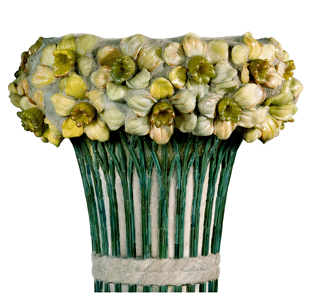 A detail image of one of eight daffodil capitols in The Daffodil Terrace from Louis Comfort Tiffany's Laurelton Hall estate that has been painstakingly installed at the Morse Museum. Each petal, each stem of the eight daffodil capitols was made by hand and the glass "stems†were inlaid in the cement columns. ⁒aymond Martinot photo for the Morse Museum