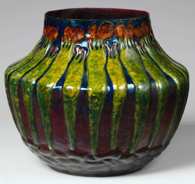 An organic-form enamel on copper vase, circa 1898‱902, marked "162 A-Coll. L.C. Tiffany / SG 123,†71/8 by 8½ inches diameter. 
