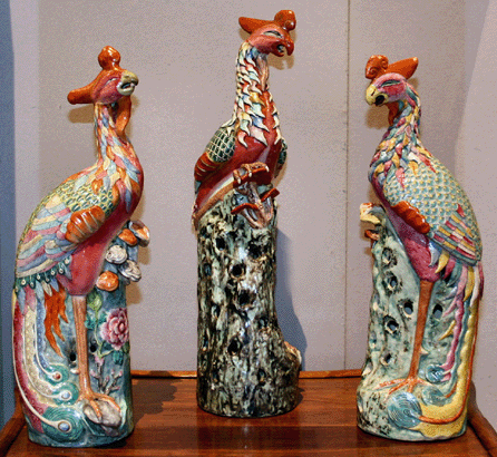 A large pair of Chinese export phoenix birds flanked a tall famille rose phoenix at Vallin Galleries of Wilton, Conn. Owner Peter Rosenberg said his business is changing as the Chinese become aggressive buyers of imperial porcelain, jade, gilt bronzes and carvings in ivory, bamboo and rhinoceros horn.