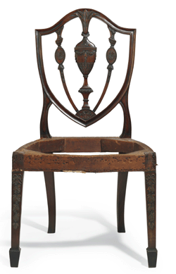 One of the most coveted pieces of furniture auctioned during Americana Week, this handsome shield back side chair with carving attributed to Salem, Mass., carver Samuel McIntire set a new record price at auction for Federal furniture when it sold to Todd Prickett for $662,500. The chair is from a set of eight made for Salem merchant Elias Hasket Derby and his wife, Elizabeth Crowninshield. Five other chairs survive, four at the MFA, Boston, and one at Winterthur. WEA Enterprises, a corporate collection formed by Eric Martin Wunsch, consigned the chair.