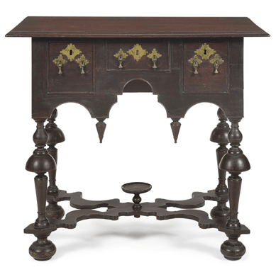 This William and Mary cedar dressing table came from the Shelley collection and was sold by Pook & Pook in 2007 for $585,000. The underbidder the last time around, Quakertown, Penn., conservator Alan Miller, got it this time for $482,500. A closely related walnut example at the Philadelphia Museum of Art illustrates the cover of Worldly Goods: The Arts of Early Pennsylvania, 1680‱758.