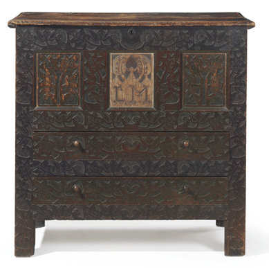 A carved and painted oak "Hadley†chest made in Hampshire County, Mass., between 1700 and 1725 sold to Connecticut collector William Mayer for $482,500. Illustrated in Clair Franklin Luther's classic reference, The Hadley Chest, 1935, it was auctioned as part of the collection of Mr and Mrs Eddy Nicholson in 1995. Genealogical research has narrowed the carved initials "LM†to one of three women born in Hampshire County between 1680 and 1720.