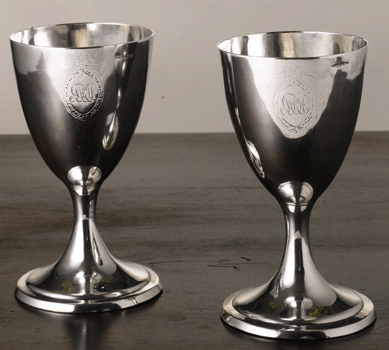 Paul Revere Jr made this pair of silver wine cups, $752,500, in 1792 for Moses Michael Hays, a prominent merchant in New York, Newport and Boston. Hays was married to the sister of New York silversmith Myer Myers. A founder of the Massachusetts Bank and a member of Touro Synagogue in Newport, Hays is interred in the Colonial Jewish Burial Ground in Newport. Hascoe Collection.