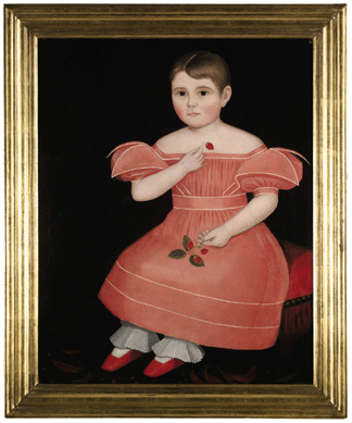 Ammi Phillips's "Portrait of a Rosy Cheeked Girl in a Pink Dress†sold to a collector and dealer from Canada for $290,500. It is from a series of portraits of seated children in red costumes undertaken by the itinerant painter between 1830 and 1835. 