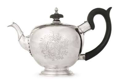 This circa 1750 silver teapot made by Jacob Hurd of Boston is engraved with a hunting scene and the arms of Foxcroft and Danforth, probably for Judge John Foxcroft and his wife Elizabeth Danforth. It descended in a prominent Boston family to sell for $278,500.