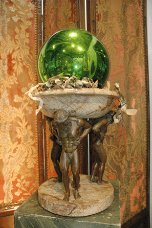 What looks like a green gazing globe perched atop this sculpture seen in the booth of Mark Foster & Nattley Veenstra, Yardley, Penn., is actually a large green mercury kugel, which sold early on Saturday.
