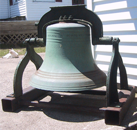 The bell, standing 50 inches high, weighing approximately 500 pounds and with a green patina, has the words "Hooper & Son, Boston, Mass.†and the date 1853. 