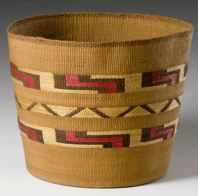 Consisting of spruce root, bear grass or canary grass and dye, this appealingly decorated early Twentieth Century berry basket was made by a member of the Tlingit tribe of the Pacific Northwest. ⁓usan Einstein photo