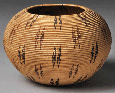 Louisa Keyser (1850‱925), a prolific Washo basketmaker called Dat⁳o-la-lee, who invented the Degikup basket, was said to weave a unique narrative into each basket's design. This finely woven 1909 version, the result of many hours of labor, is made of willow coiled on a three-rod foundation, with the design in rosebud and bracken fern root. ⁓usan Einstein photo