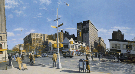 In "110th and Broadway, Whelan's from Sloan's,†1980‱981, painted about a block from where he lived in Manhattan, Downes recorded with Richard Estes-like precision an ordinary, busy intersection. Museum of Art, Rhode Island School of Design, Providence. Gift of David and Gerry Pincus.