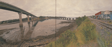 Downes had to perch precariously to capture onsite this view of a midcoast Maine bridge in "The Mouth of the Passagassawaukeag at Belfast, Maine, Seen from the Frozen Food Plant,†1989. Measuring a sizable 38½ by 84¼ inches, this characteristically panoramic, meticulously detailed view is a standout in the exhibition. Private collection.