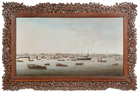The sale's top lot at $483,000 set a new record for China Trade paintings. Attributed to Chow Kwa (Chinese, active 1850‱885), "View of the Bund at Shanghai†measures 20¾ by 37¼ inches. In the background are the Customs House, the British Consulate and the Augustine Heard & Co. Building. 