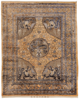 This imperial Chinese silk and metal thread carpet, 8 feet 1 inch by 9 feet 10 inches, set a new record for this type. It sold to an Internet bidder for $207,000. The circa 1900 carpet was probably purchased in China where it had been displayed in the Ning Shou Palace, Beijing. 