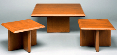 Three stacking tables of plywood with Philippine mahogany veneer, created for the Marshall Erdman House, Madison, Wis., 1959. ⁊ohn R. Glembin photo