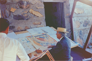 The architect at work at Taliesin West in 1955. Courtesy Frank Lloyd Wright Foundation, Scottsdale, Ariz.