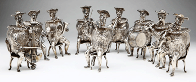 European silver was strongly featured, led by this whimsical group of nine musician figures by German maker Ludwig Neresheimer that sold for $5,700.
