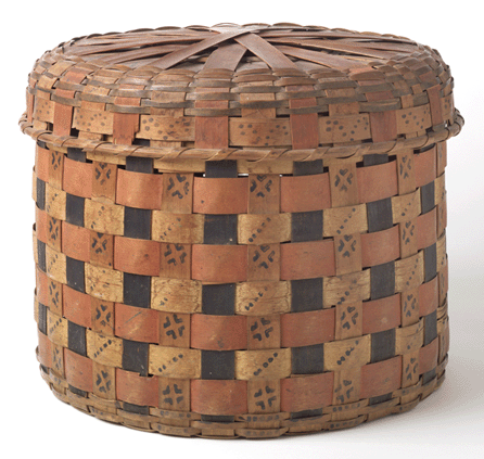 Bonnet basket, unknown Native American artist, eastern North America, possibly Vermont or northern New York, 1820‵0, wood splint, Spanish brown pigment, laundry bluing, yellow pigment. Bequest of Henry Francis du Pont.