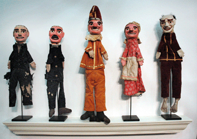 A set of Punch & Judy hand puppets, circa 1900, at Frank Gaglio Antiques, Rhinebeck, N.Y.