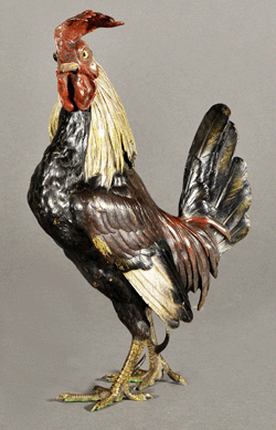 The Austrian cold painted bronze cockerel retained its original paint and the Franz Bergman Foundry mark. It sold for $8,050.