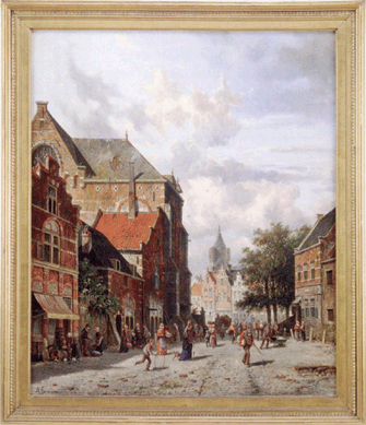 The Andrianus Everson (Netherlands, 1818‱897) oil titled "A Busy Town Scene†sold well above the $3/5,000 estimate, reaching $56,350.