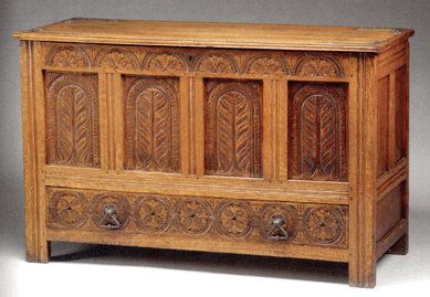 The Pilgrim Century carved and joined oak Connecticut River Valley- or Hadley-style chest was attributed to the Savell shop in Braintree, Mass., third quarter of the Seventeenth Century. Similar examples appear in Wallace Nutting's book and Chipstone's American Furniture. Of particular interest are the four carved palm panels across the front of the chest. More than doubling estimate, it realized $33,350.