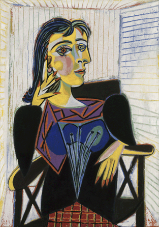 Feisty photographer and painter Dora Maar met Picasso in 1935 and they became lovers for some years. He manipulated her looks in vivid colors in "Portrait of Dora Maar,†1937, which manages to suggest the beauty that charmed him.