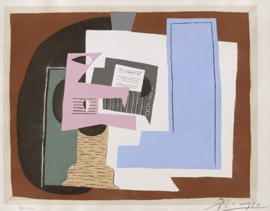 During an intense, pivotal period, Picasso experimented with materials and structures in depicting guitars. In "Guitar and Score on Pedestal Table,†1920, he used gouache to record his take on the instrument and a musical score.