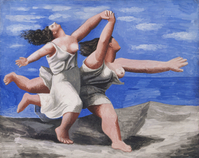 For a time, Picasso experimented with neoclassicism, combining idealized, monumental figures in motion, as exemplified by his animated "Two Women Running on the Beach,†1922. A gouache on plywood, it measures 12 13/16 by 16 3/16  inches.
