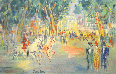 From the selection of art in the sale came a colorful Jean Dufy gouache and watercolor on paper titled "Scene du Park.†Measuring 8 by 13 inches, the attractive painting realized $17,700. 
