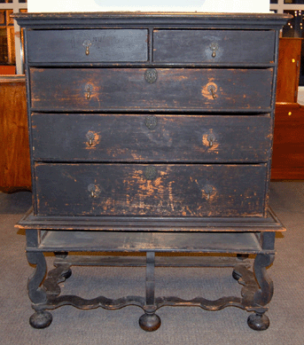 The Massachusetts pine and maple chest-on-frame, circa 1700, by Edmund Titcomb of Newbury retained the painted signature of the maker and sold for $213,000. The proceeds will benefit the collection of the Winslow House in Marshfield, Mass.