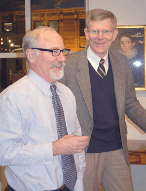 Steve Fletcher and Brock Jobe field questions prior to Jobe's lecture at the Skinner Americana preview.