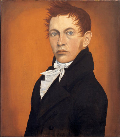 This striking likeness of an intense, red-haired young man, "Portrait of a Man,†circa 1815, may be a self-portrait of Norwich evangelist Harlan Page (1791‱854). Painted around a year after he was "born again,†it suggests someone filled with religious fervor. Gift of HSB.
