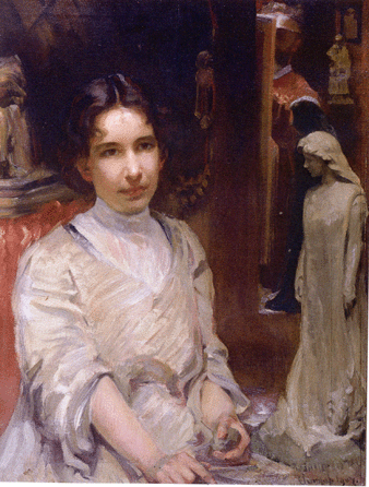 In this interesting double likeness, French-trained Robert Vonnoh (1858‱933) painted "Portrait of Bessie Potter Vonnoh,†his diminutive sculptor-wife (1872‱955), in 1907 as she worked on her sculpture of actress Julia Marlowe. The painter appears in the mirror behind. Prominent artists in their day, the Vonnohs had a home and studios in Lyme's "Pleasant Valley.†Museum purchase.