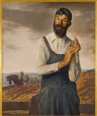 One of the most compelling canvases recently purchased by the museum, "Farmer Roscoe,†circa 1937, by Russian-born Ivan Olinsky (1878‱962), was reworked considerably into its present form. Olinsky said his depiction of this Lyme farmer "suggests man's attitude toward life and the soil.†Museum purchase.
