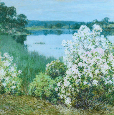 A major recent purchase, Willard Metcalf's beautiful oil "Kalmia,†1905, depicts pink and white blossoms of the mountain laurel, Connecticut's state flower, that bloom along the Lieutenant River adjacent to the Griswold property. A New Englander whose special feel for its landscape translated into a large oeuvre of endearing images, Metcalf's "Kalmia†will be the centerpiece of an exhibition on the theme of laurel opening in the gallery on May 6. Museum purchase through the Nancy Krieble Acquisition Fund with the support of numerous funds and individuals.