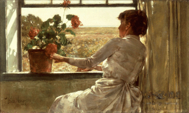 Among the seven paintings by Childe Hassam in the HSB Collection was "Summer Evening,†1886, invoking a frequent theme of a woman near a window. In this case, the setting is Appledore Island among the Isles of Shoals, off the Maine-New Hampshire coast, where the popular Impressionist created some of his best pictures. Gift of HSB.