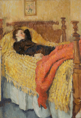 Lillian Westcott Hale (1880‱865), who was born in Hartford and had the good fortune to marry a fellow artist, Philip Hale, who encouraged her work, specialized in warm and intimate domestic scenes. "Woman Resting,†circa 1920, shows her daughter asleep in a careful composition marked by brightly hued bed coverings. Gift of HSB.