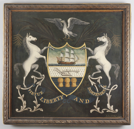 Pennsylvania coat of arms, John Fisher (1736‱808), York, York County, 1796, oil on panel, 38 by 39 by 2 inches. York College of Pennsylvania, inscribed in lower right corner: "John Fisher 1796.†Carved frame original and probably by Fisher. 