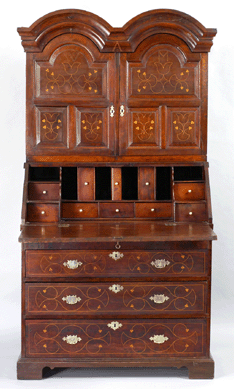 Desk and bookcase, Nottingham area, Chester County, 1725‴0, cherry, chestnut, tulip-poplar, oak, white pine, walnut, holly; brass, 76 by 37 by 21 inches. Rocky Hill Collection.