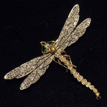Hollis, Reh and Shariff, Southampton, N.Y., showed this circa 1900 18K gold dragonfly pin with old-cut diamonds with a rare yellow diamond in the center.