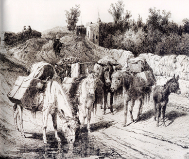 "On The Road to Santa Fe,†1884, probably was based on sketches that Moran had done during trips to the Santa Fe area in 1880 and 1881. In a period publication in which the plate appeared, it was noted that burros were the only form of transportation to the capital of New Mexico at the time.