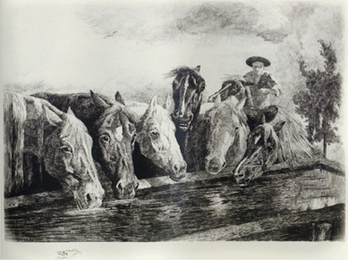 "The Return from Pasture,† circa 1886‸7, features six horses in the close foreground at a water trough with a herder a bit further behind. The work is in a private collection and the title is a bit of conjecture as this etching has only been seen in this collection and the title has been used as an alternate title in at least two other etchings by Moran.