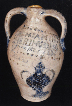 The top lot of the auction was a rare and important double-handled stoneware jug with copious incise decoration, inscribed to Benjamin Herington, a potter who died June 1, 1823, by drowning in Norwich, Conn., harbor. The piece attracted multiple bidders and soared to a record price of $138,000, going to longtime stoneware collector Adam Weitsman, who said he would donate the jug to the New York State Museum in Albany.