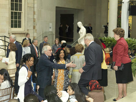 Morrison H. Heckscher, the Lawrence A. Fleischman chairman of the American Wing, welcomes Metropolitan Museum honorary trustee, the Honorable William Lee Lyons Brown Jr, former ambassador of the United States to the Republic of Austria, and his wife, Alice Carey, to the ribbon-cutting ceremony in the Charles Engelhard Court in May 2009. In the background are Met trustee Richard L. Chilton Jr and his wife, Maureen; Anthony W. Wang; Richard and Elizabeth Miller; and Met trustee Lulu C. Wang. Courtesy of the Metropolitan Museum of Art.