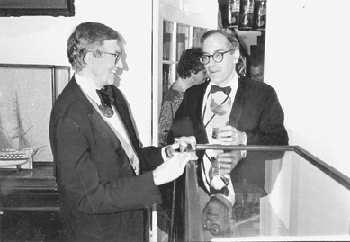 Wendell Garrett, left, editor at large of The Magazine Antiques and past recipient of the ADA Award of Merit, met Heckscher in 1963 when the Garretts entertained Heckscher and his Winterthur classmates at Historic New England's Cooper-Frost-Austin House in Boston. Both men are members of the Walpole Society, an exclusive fraternity of collectors and scholars of American art.